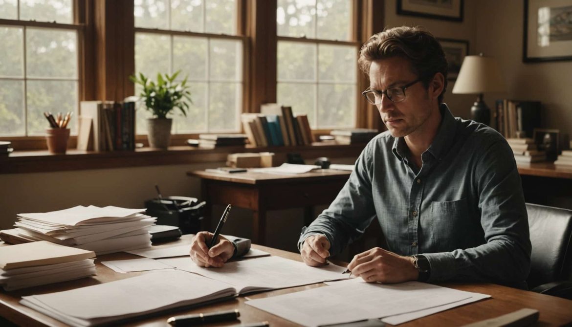 Un homme concentré rédige des documents importants à son bureau.