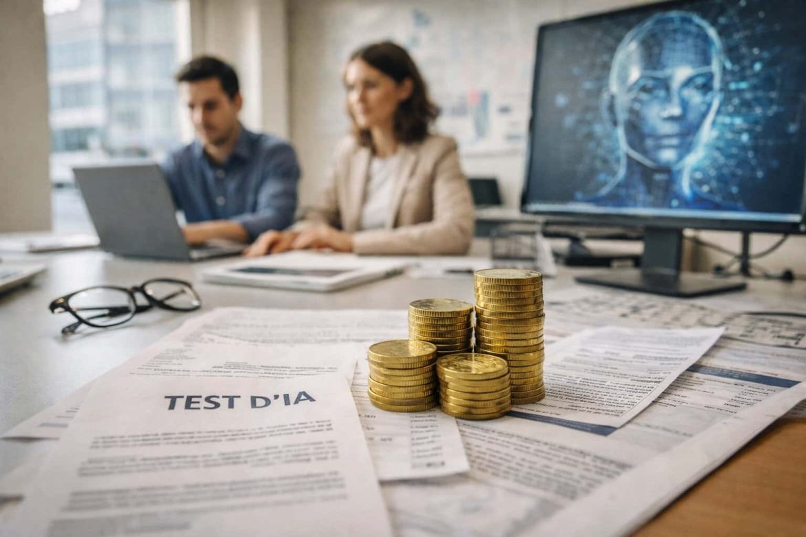 Un bureau moderne où des professionnels analysent des documents financiers et des tests IA sur un écran affichant un visage numérique, avec des piles de pièces de monnaie au premier plan.