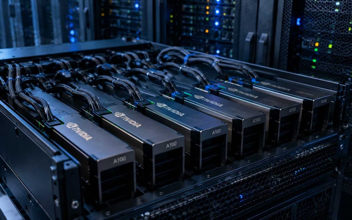 Un gros plan sur un puissant serveur de centre de données, montrant une rangée de six GPU NVIDIA A100 Tensor Core noirs alignés dans un rack, avec des câbles soignés et des lumières de fond bleu. L'intelligence artificielle redessine déjà les infrastructures de l'économie numérique.