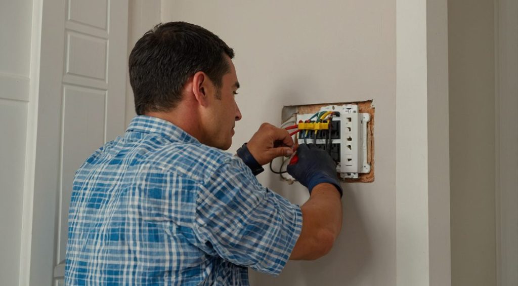 Un électricien en chemise à carreaux examine un boîtier électrique mural avant de refaire tout le câblage électrique maison.