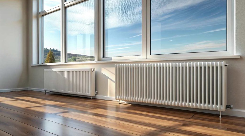 Deux radiateurs modernes installés sous de grandes fenêtres dans un salon lumineux, illustrant le meilleur chauffage pour petit appartement.